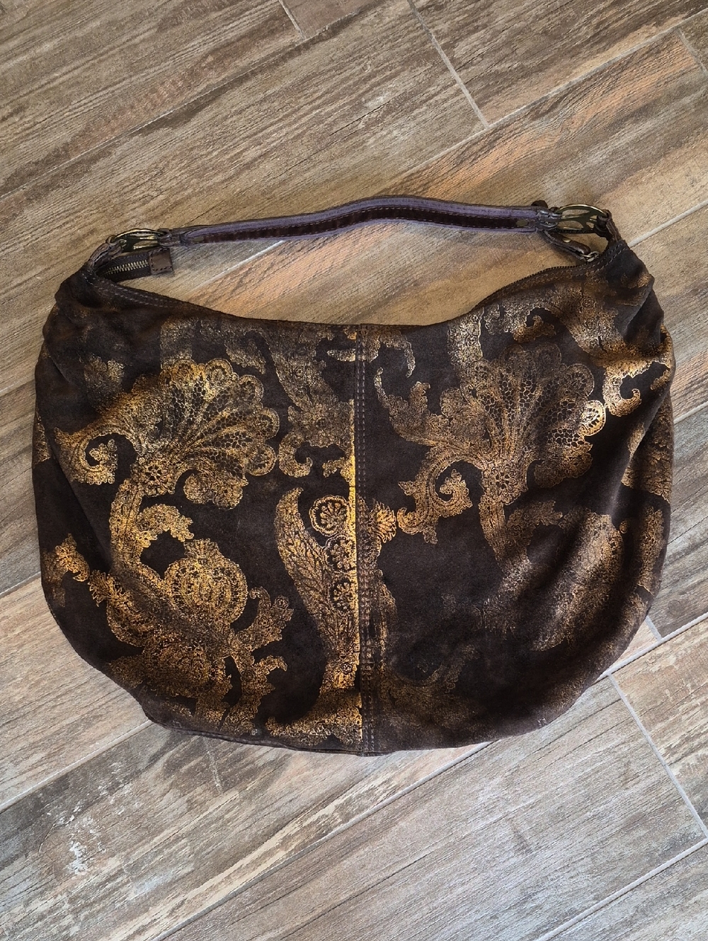 Lucky Brand Brown Suede & Gold Foilage Pleated Detail Bohemian Hobo Shoulder Bag - Picture 9 of 16